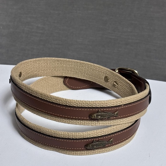 Zep Pro Belt Mens 42 Brown Cotton Canvas Leather Brass Fish Woven‎ USA - Picture 3 of 14